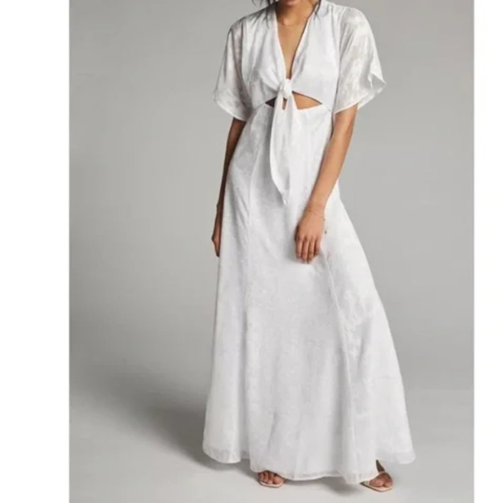 Anthropologie Hutch Luciana White Jacquard Tie Front Maxi Dress